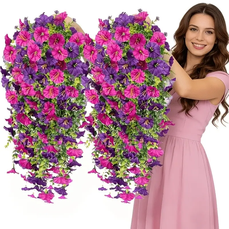 2pcs Artificial Hanging Morning Glory Fake Flowers, Outdoor Decor, Eucalyptus Leaf, No Maintenance, Home & Garden Decoration