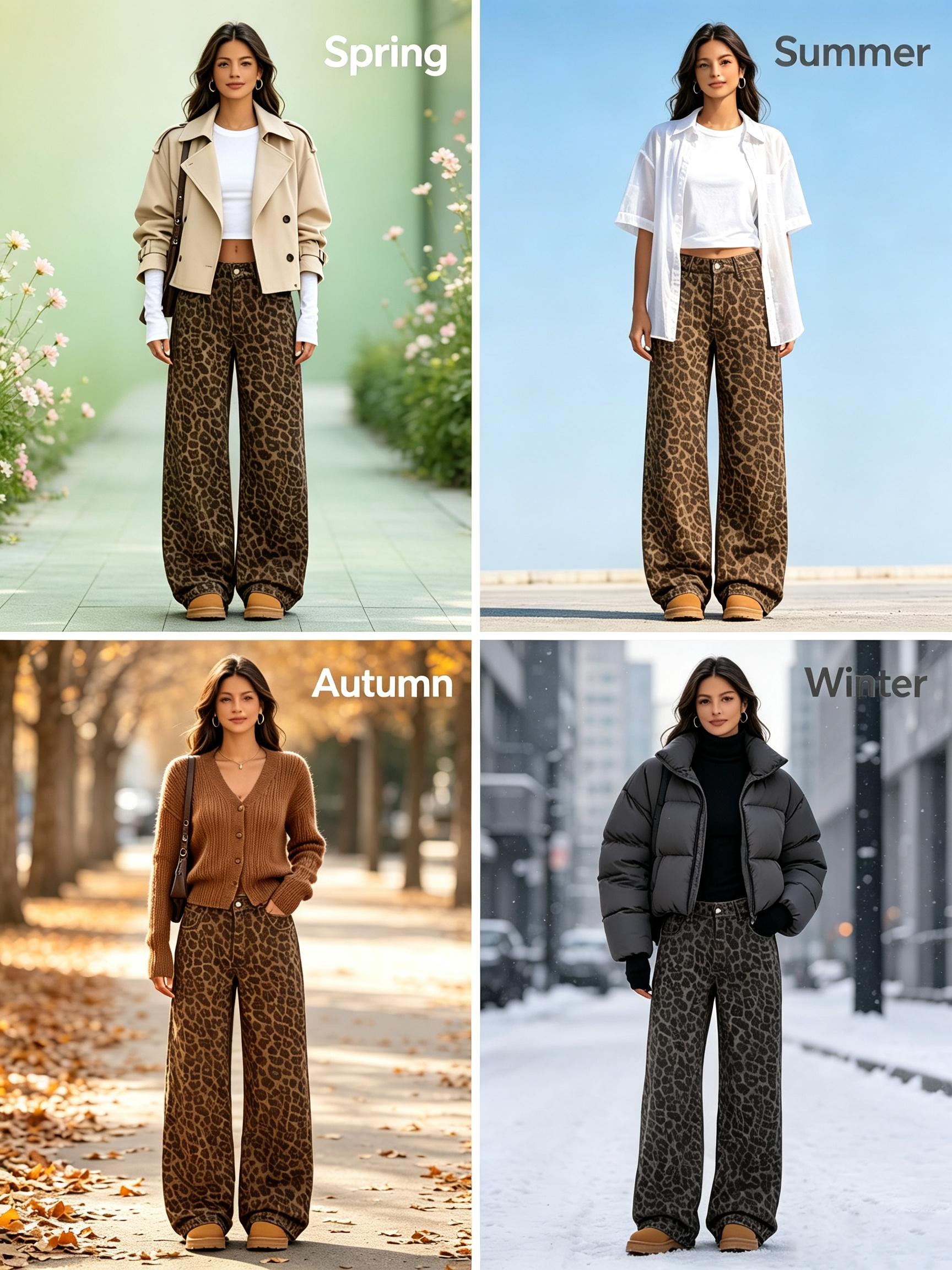 Women's Leopard Print Wide-Leg Oversized Pants, Loose-Fit Elastic Waist Button-Fly Trousers, Casual Trousers, Multiple Colors Available, Boho Style Pants, Bohemian Casual Pants, Casual Fashion Trousers