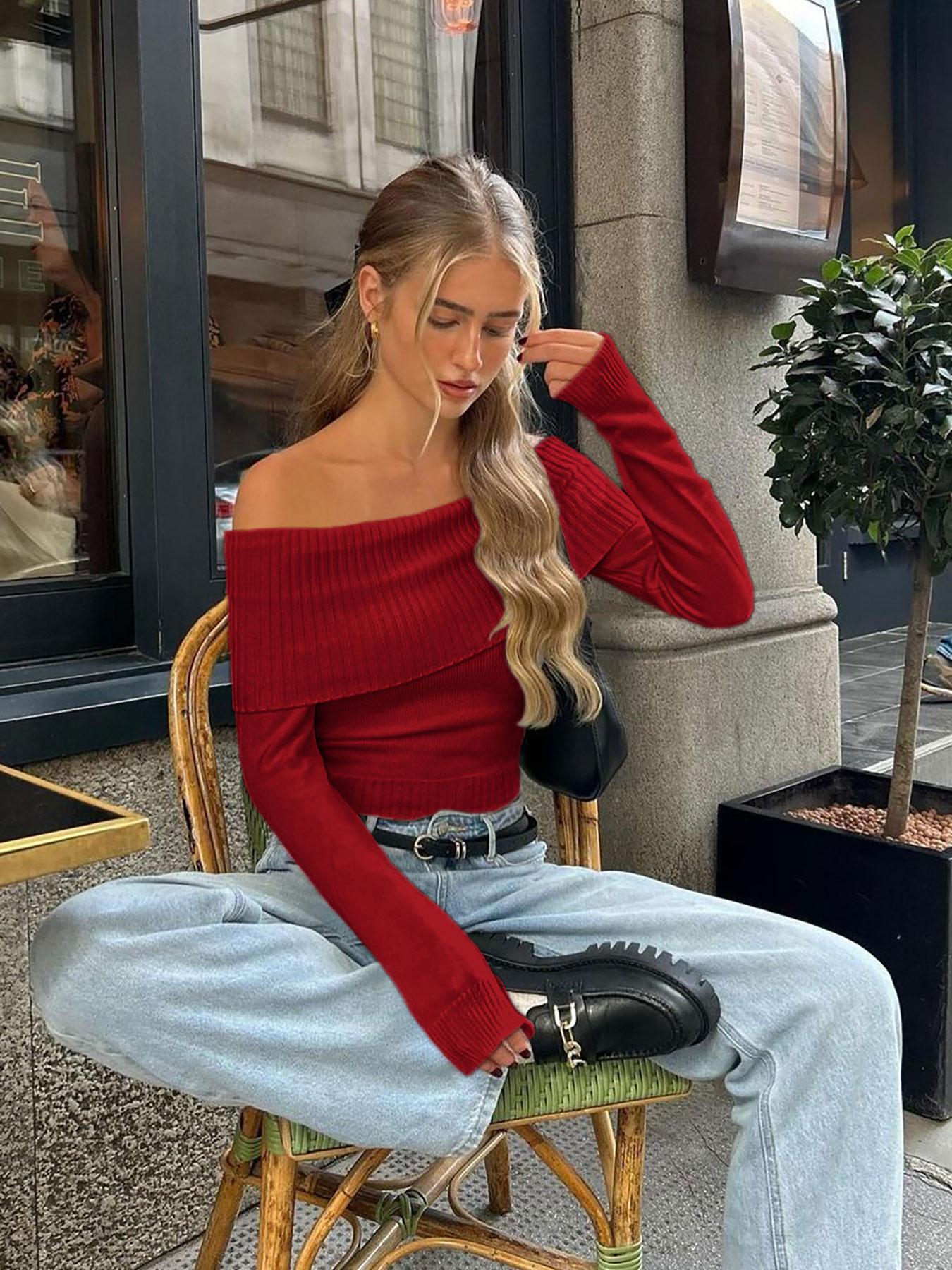 Women's Plain Off Shoulder Sweater, Elegant Fashion Casual Long Sleeve Jumper for Daily Outdoor Wear, Women Knitwear for All Seasons, Lightweight Casual Top, Tops
