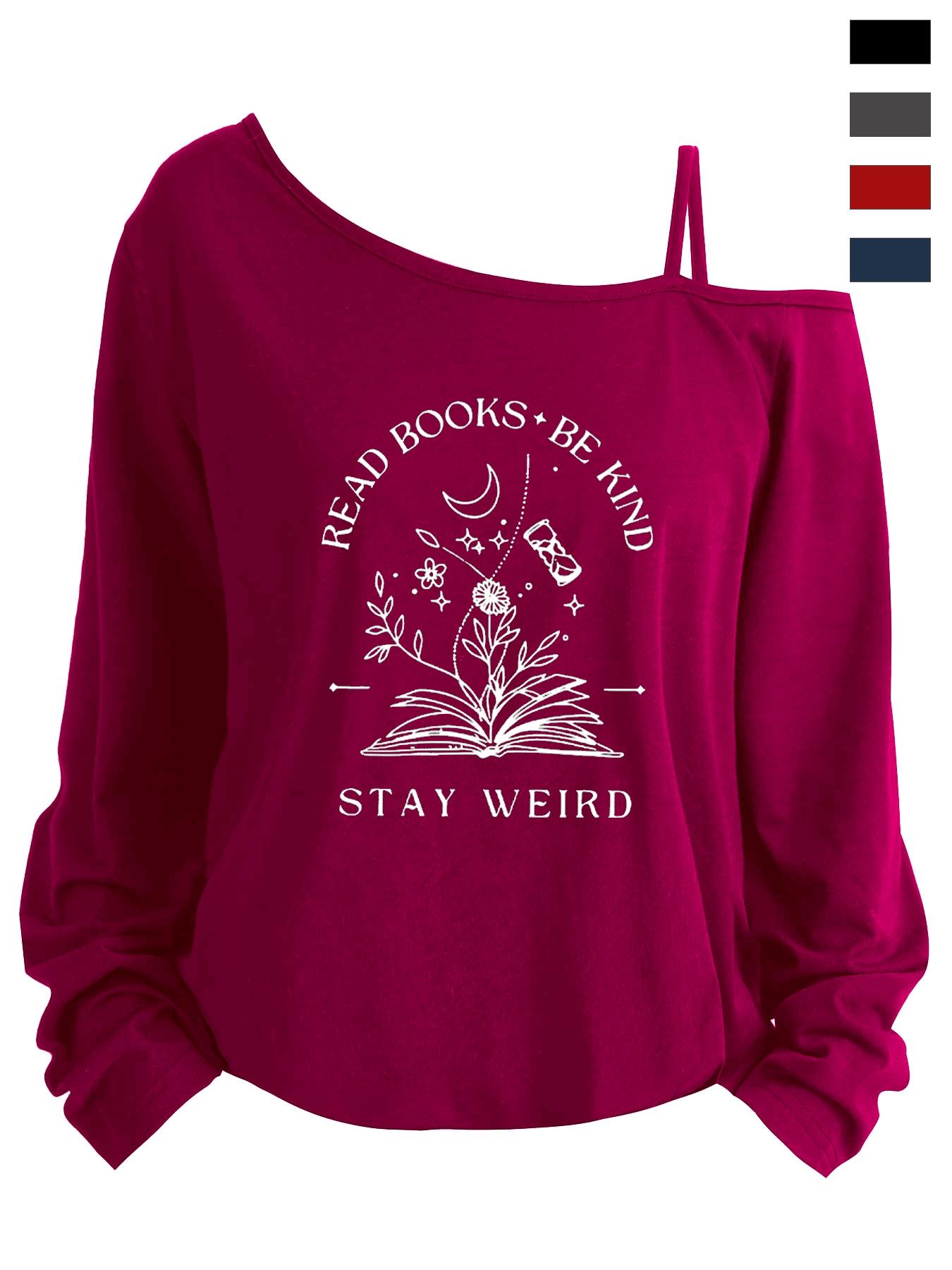 Plus Size Women's Loose-Fit Long Sleeve Cami Top, Asymmetrical Neckline, Letter Print, All Seasons, Sizes 1-8xl