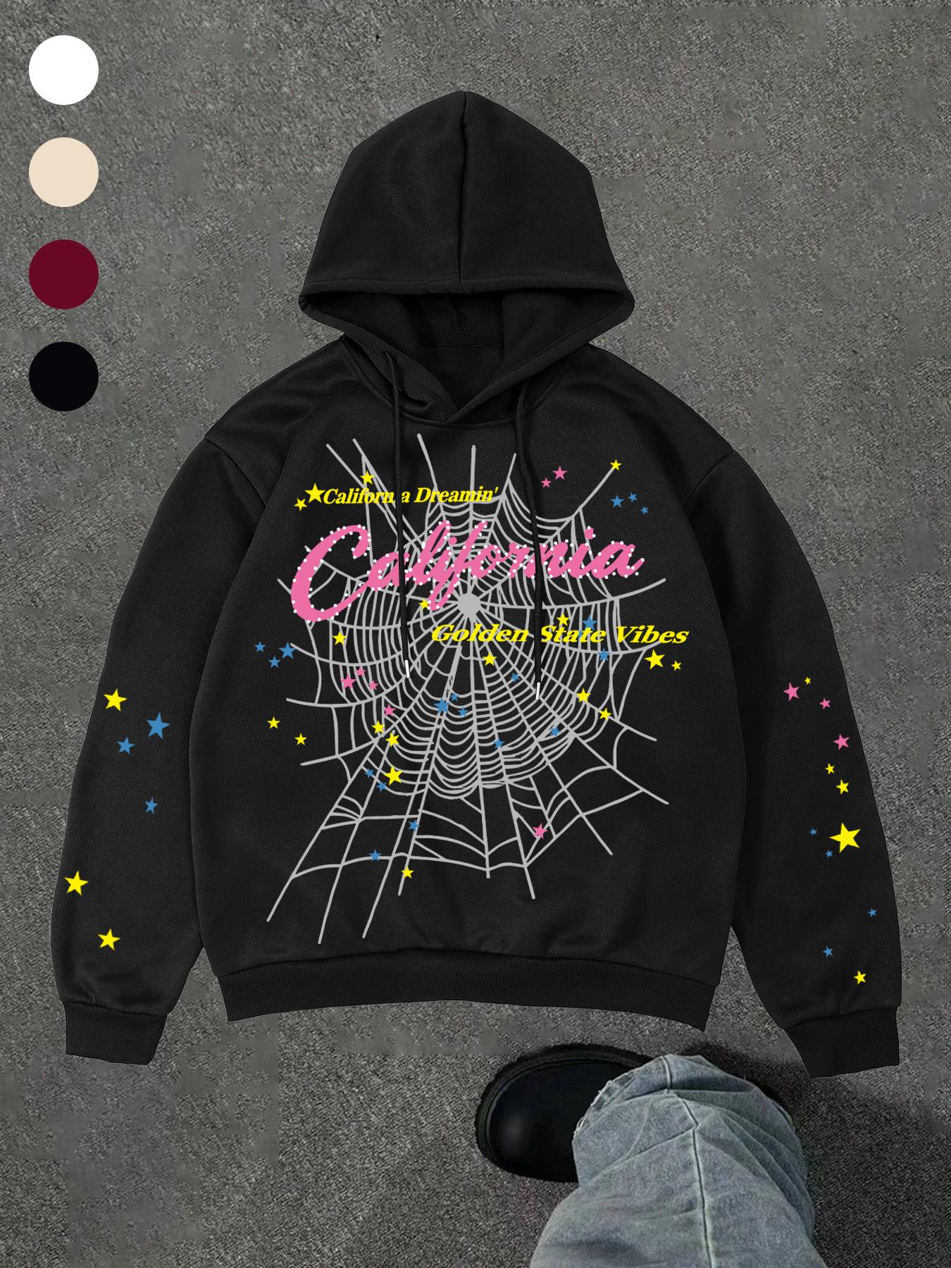 Men's Hooded Sweatshirt, Spider Web Pattern, Letter Print, Colorful Stars, Street Punk Style, Casual Fitted, Fall & Winter, Graphic Hoodie