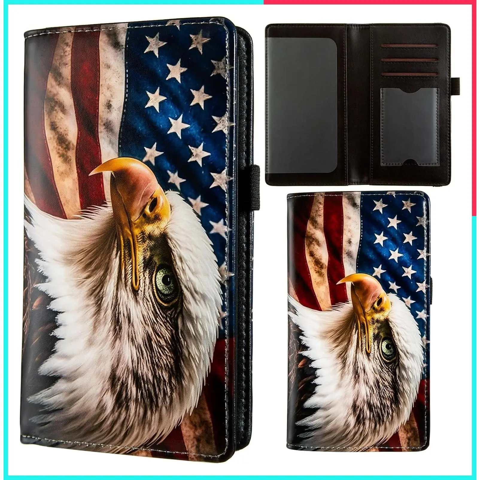 Personal Checkbook Cover Wallet with RFID Blocking and Credit Card Slot - American Flag Bald Eagle Design
