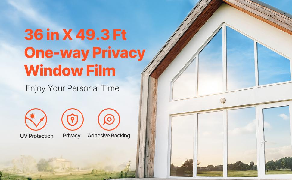 VEVOR Window Privacy Film, One Way Window Tint, Privacy Mirror Reflective Film, Sun Blocking Heat Control Glass, Self-Adhesive, See out Not in Window Film for Home and Office, Silver, 36 inx 49.3 ft