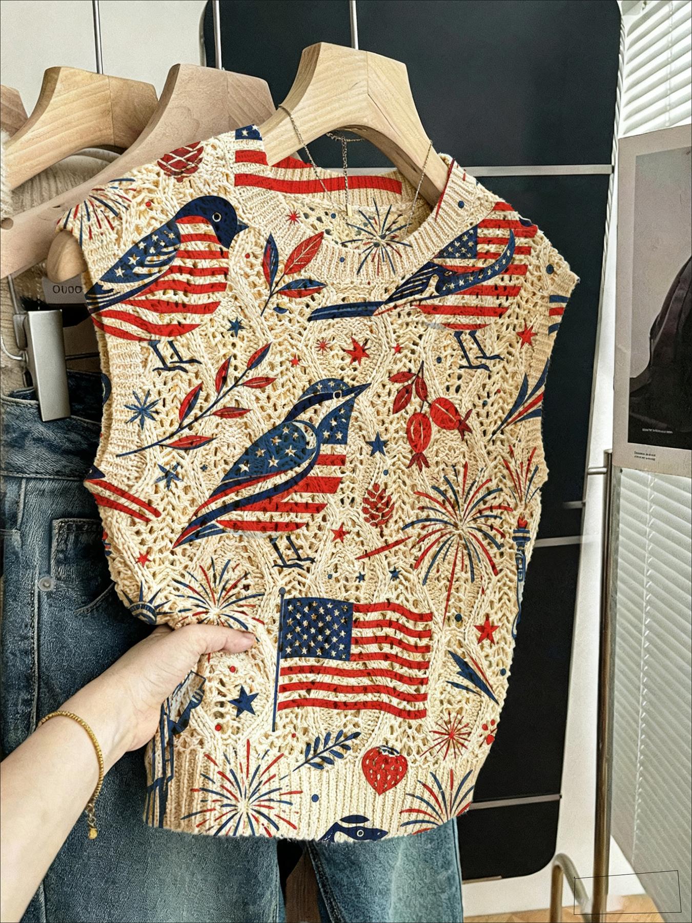 Elegant Women's Animal Flag Fireworks Leaf Statue of Liberty Print Knit Sweater, Casual Round Neck Sleeveless Top, Comfortable All-Season Wear
