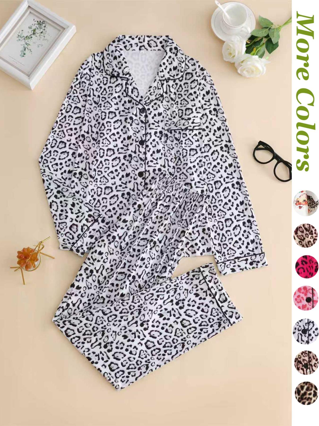Women's Leopard Print Button Front Pocket Lapel Shirt & Elastic Waist Pants Pyjama Two-piece Set, Casual Comfy Pocket Long Sleeve Top & Trousers Pj Set, Women's Sleepwear for Spring & Fall, Loungewear Set Women, Leopard Print Pajamas