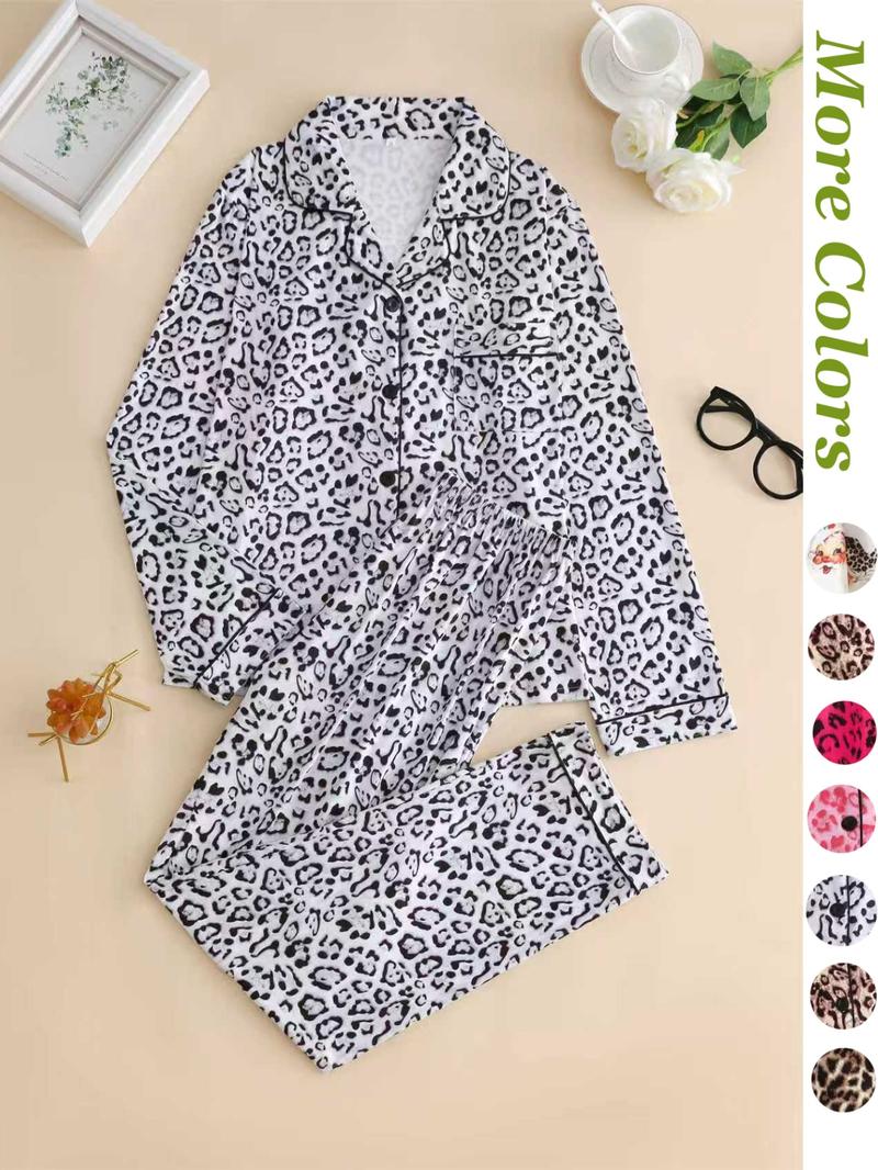 Women's Leopard Print Button Front Pocket Lapel Shirt & Elastic Waist Pants Pyjama Two-piece Set, Casual Comfy Pocket Long Sleeve Top & Trousers Pj Set, Women's Sleepwear for Spring & Fall, Loungewear Set Women, Leopard Print Pajamas