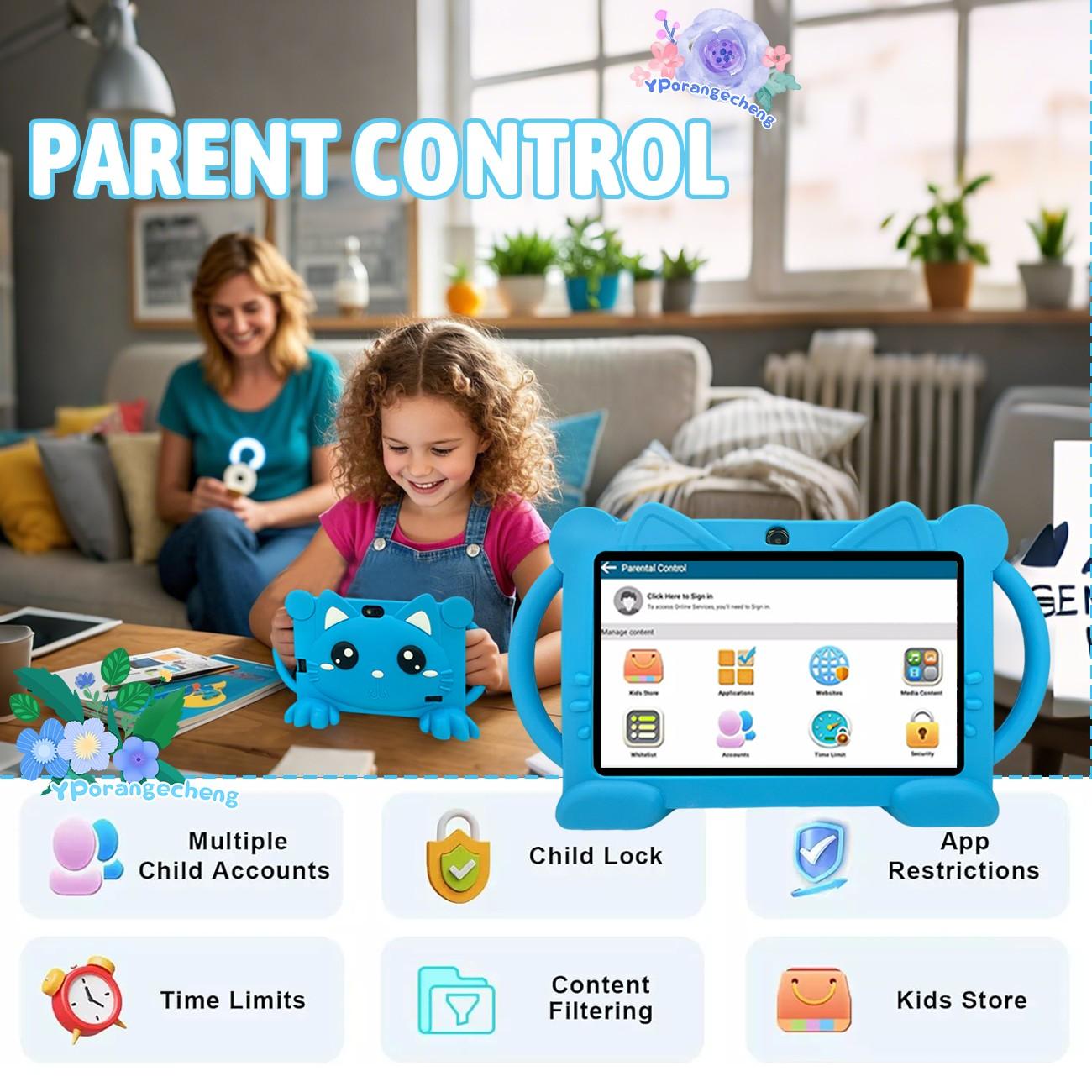 7-Inch Kids' Touchscreen Tablet, Quad-Core Android, HD Display, Dual Cameras, WiFi & Bluetooth-Compatible, Adapter Not Included, Parental Control, Ideal Gift for Birthdays