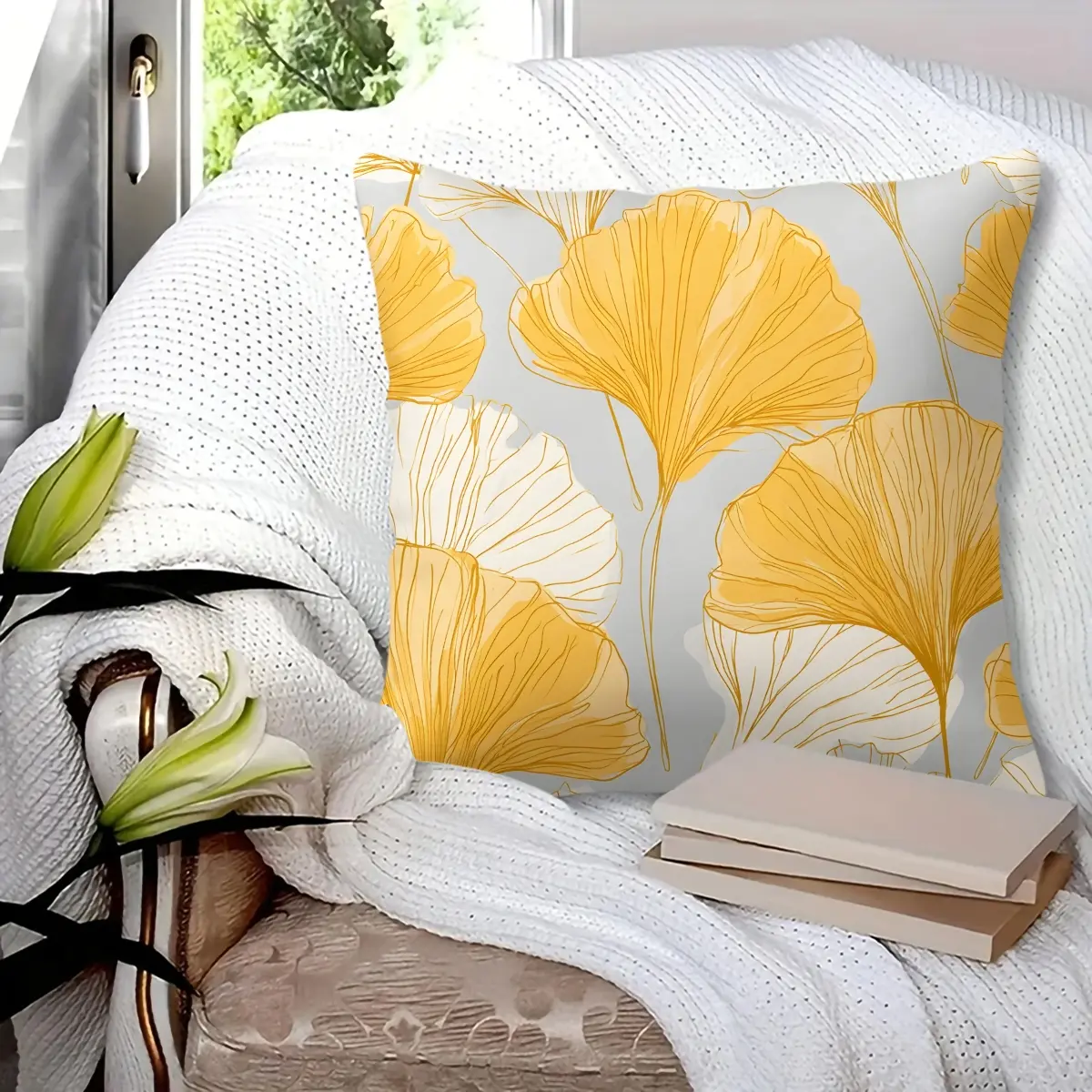 45x45cm 1Pc Yellow Ginkgo Leaf Print Throw Pillow, soft, fluffy and durable decorative cushion, perfect for sofa, bed, bedroom home decor, great as daily or holiday small gift