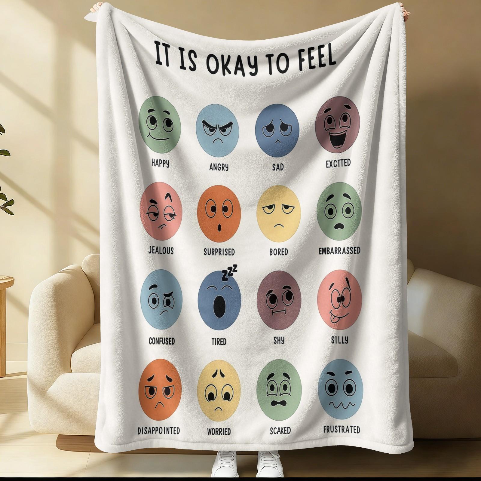 It Is Okay to Feel Emotion Chart Throw Blanket, Soft Fluffy Mental Health Awareness Blanket, Cozy Lightweight Fleece Blanket for Couch Bed Office, All Seasons, Ideal Gift for Teens Adults Anxiety Relief & Self Care