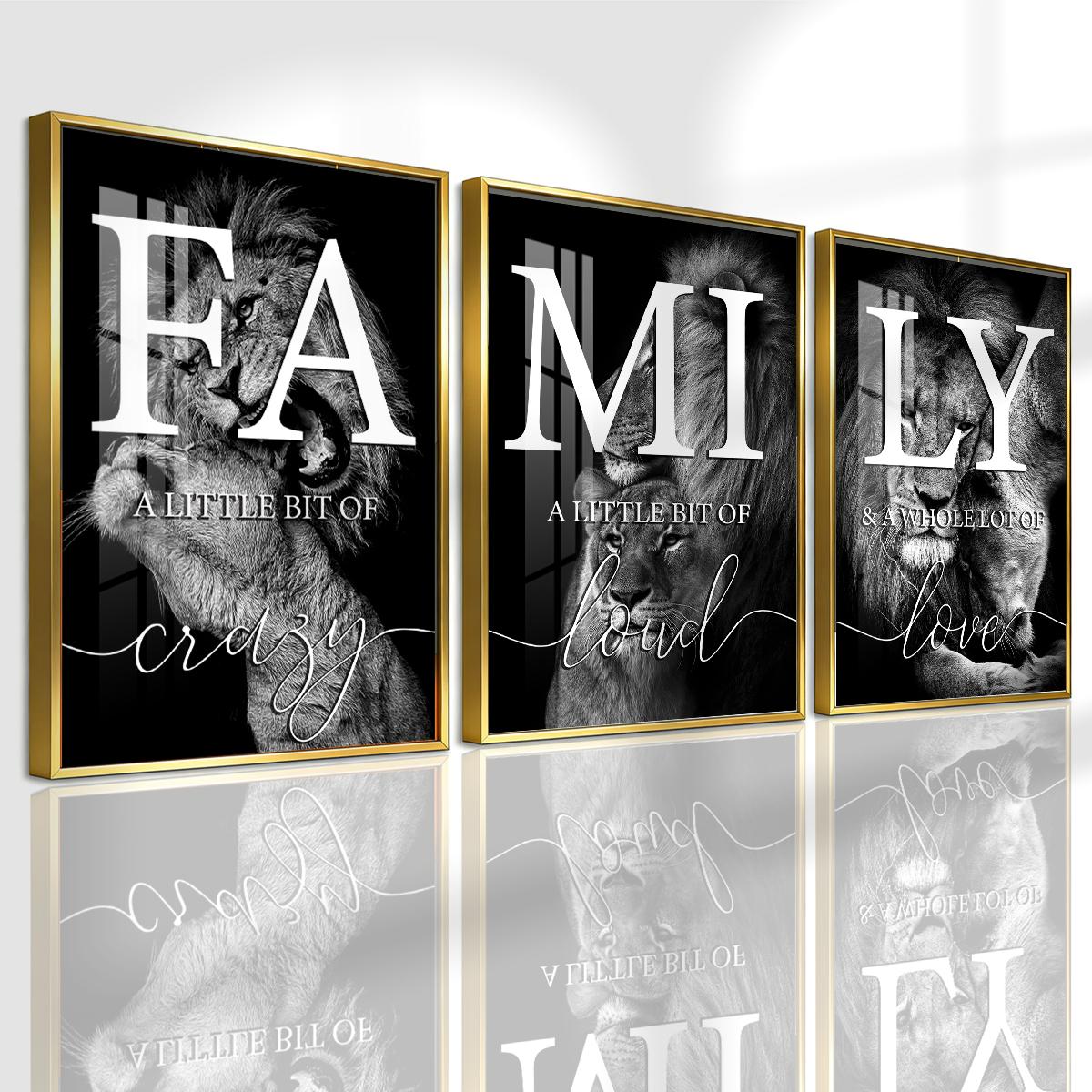 3 Counts Aluminum Alloy Framed Painting, Family Lion Wall Art Black And White Animal Poster, Home Decoration For Living Room, Bedroom, Office, Restaurant, Hallway Wall Decor, Odorless Print Artwork, Luxury Perfect Gift For Friends And Family