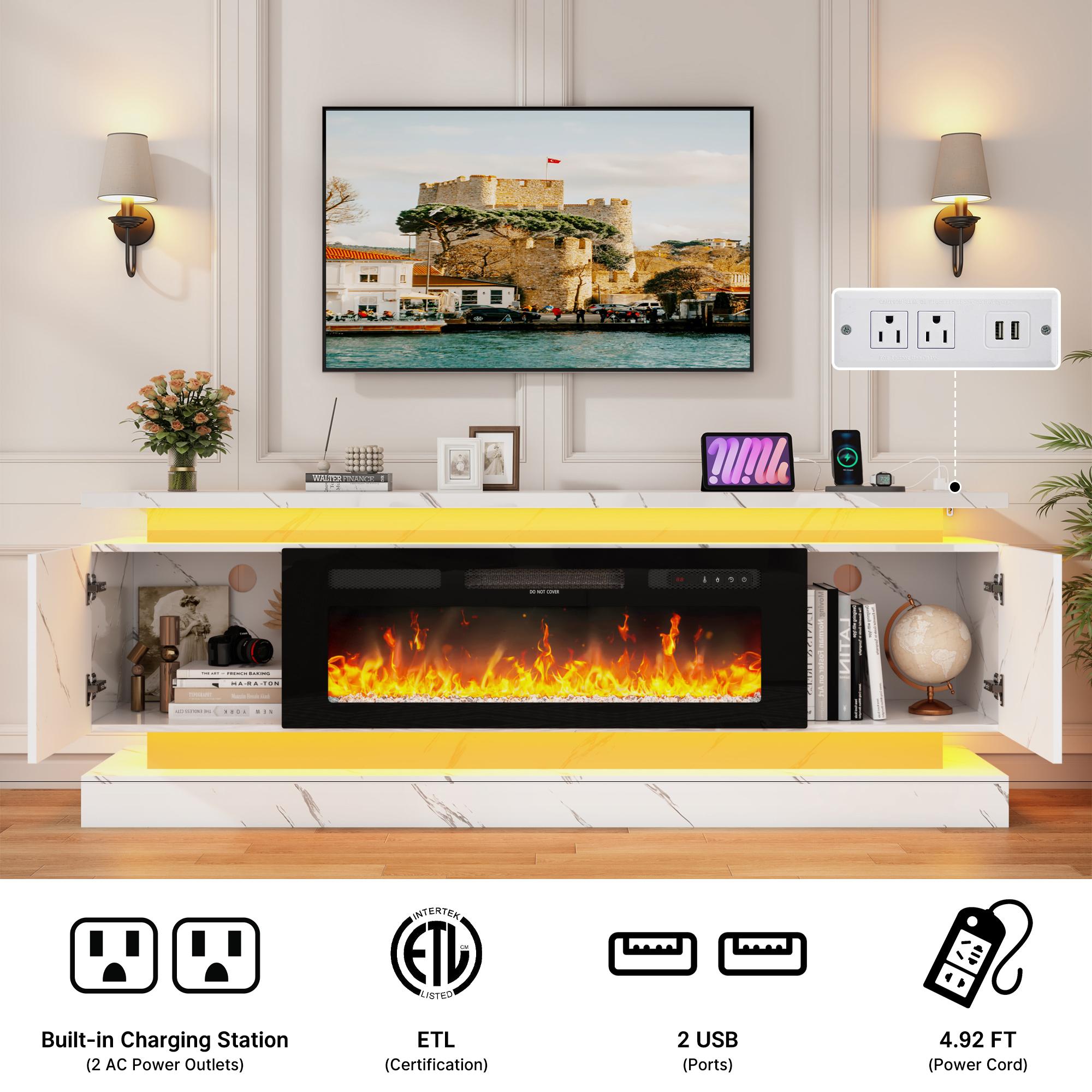 71in Fireplace TV Stands w/40 inch Fireplace Power Outlet for 85/80/75 Inch TV,High Glossy Modern TV Console Gaming Entertainment Center with 2 Storage Cabinets,Dual LED Lights,Black/White
