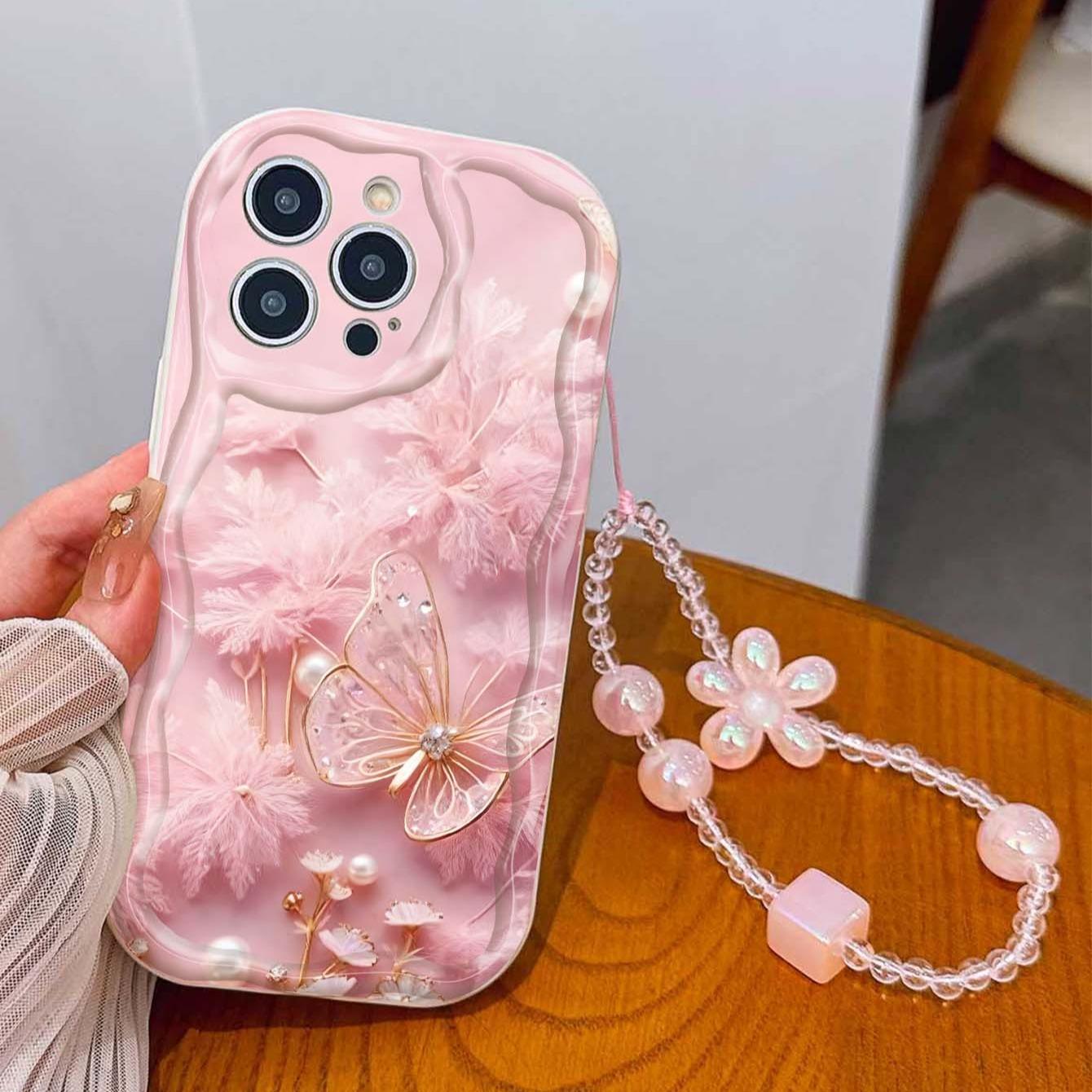 Butterfly Pearl Strap Pattern Tpu Wave Edge Anti-Drop Phone Case for Apple iPhone 17 Pro Max/16/16 Pro Max/11/13/14/15, Girl's Festival Gift