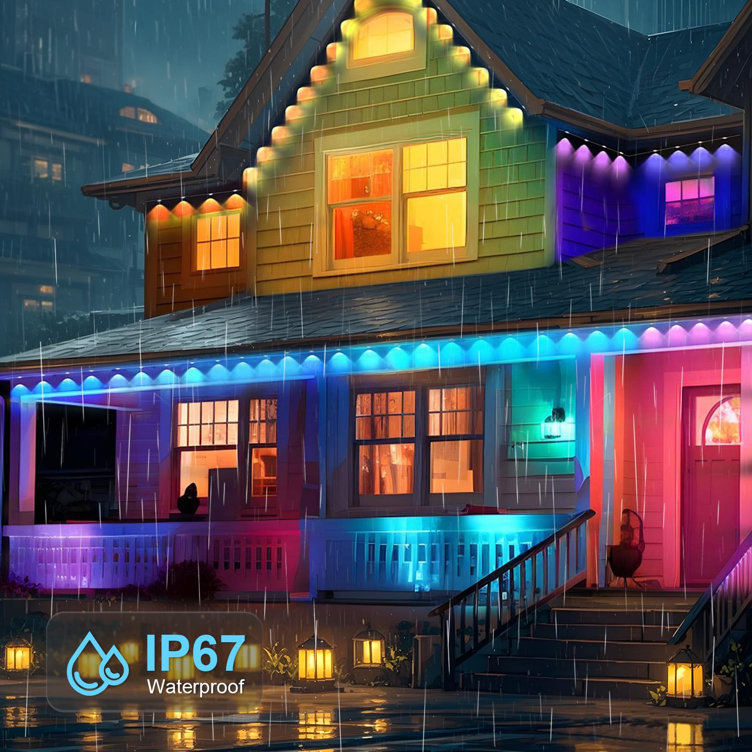 GALENTAL Permanent Outdoor Eaves Lights, Outdoor Lighting With RGB IC,  Holiday Decorations for Party, Music Rhythm , Remote Control & Bluetooth APP Link, IP67 Waterproof, 50/100 Feet Length, Ideal for Festival and Daily  Decor, Summervibes