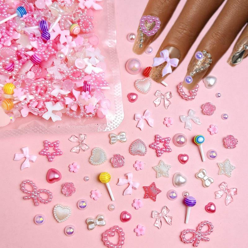 100PCS Sweet Minimalist Bow Resin Nail Charms Simulated Heart Candy Half Round Pearls Pink Decorations DIY Nail Art Supplies