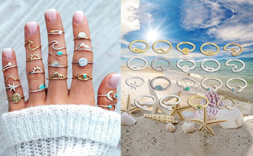 Women's 7-19pcs Silver Star-Moon Gemstone Zinc Alloy Hypoallergenic Multi-Size Stackable Midi Knuckle Rings, Vintage Female Jewelry for Graduation Gift, Anniversary Gifts