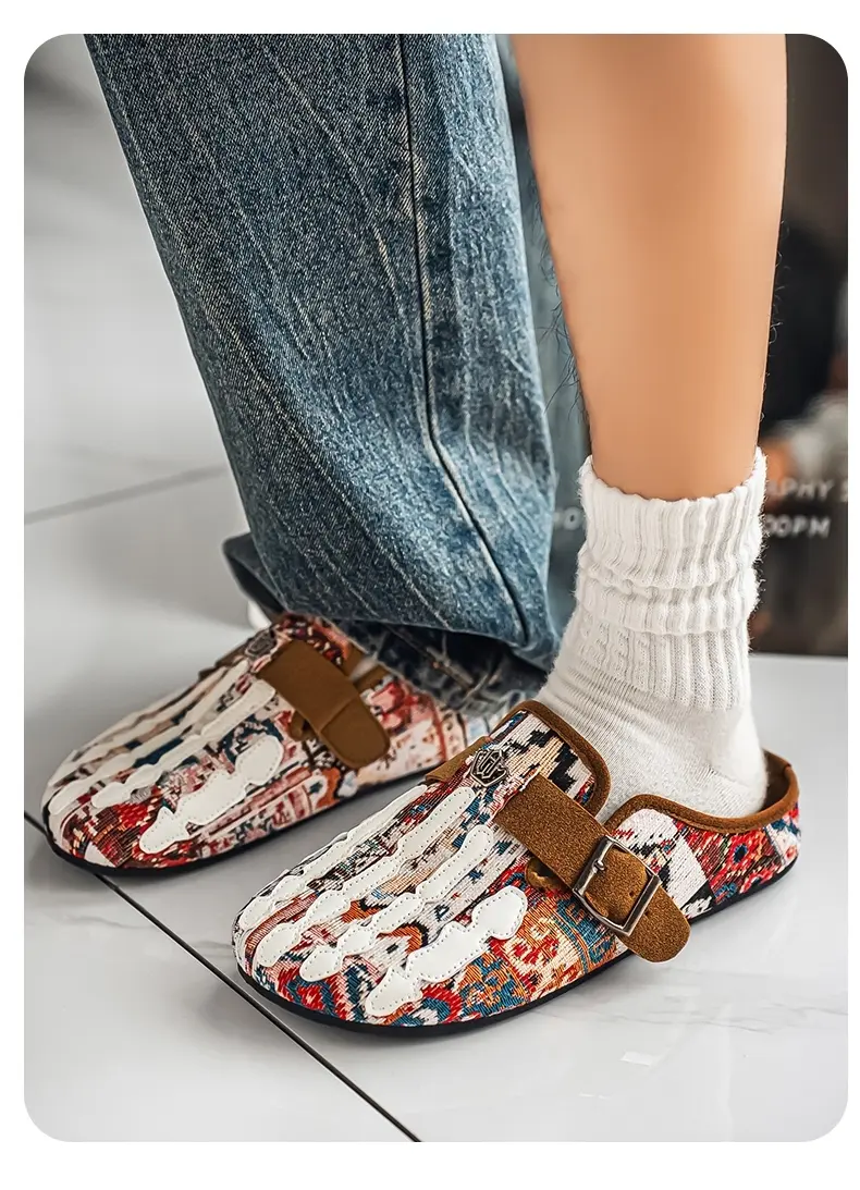 Men's Bohemian Print Mules, Mule Slides, Comfortable Slip-On Sandals, Adjustable Buckle, Soft Insole, Ideal for Daily Wear, Casual Footwear
