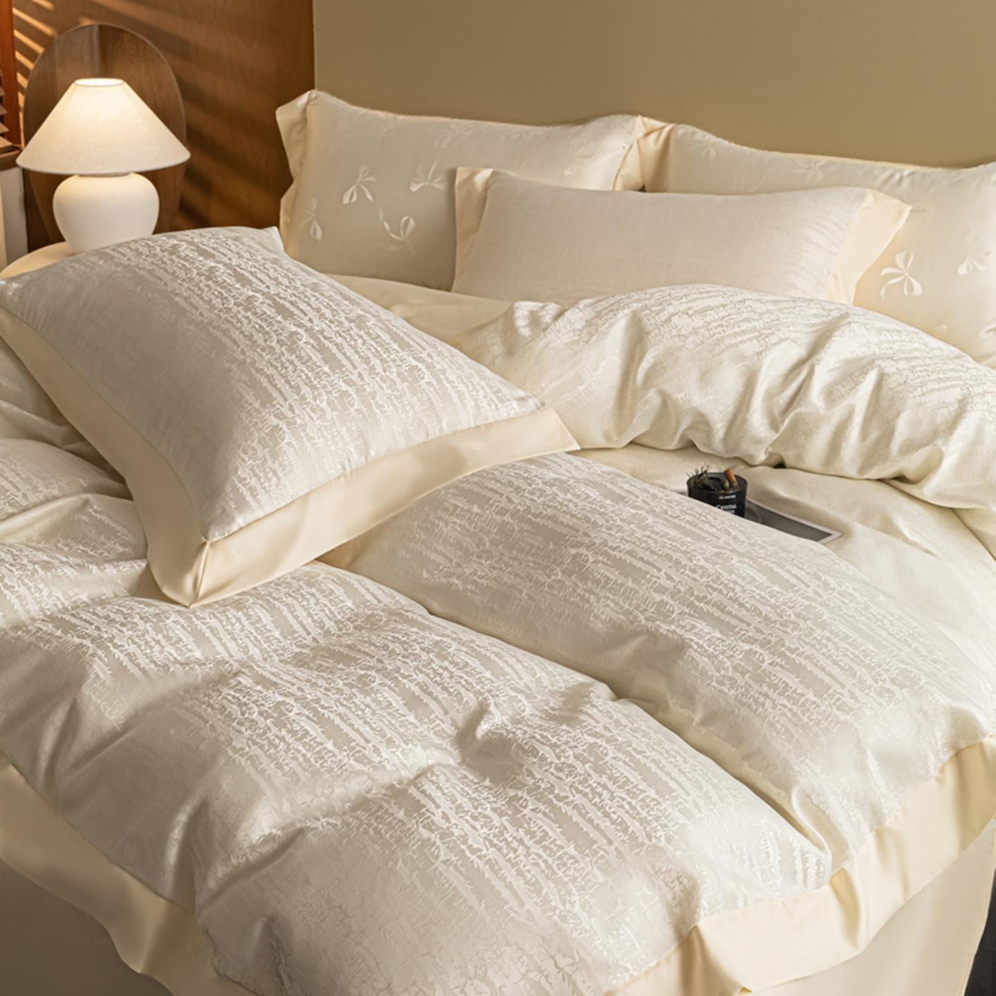 4pc Bedding Set, Soft Touch Jacquard Fabric, Simple Elegant Design, Includes Duvet Cover, Sheet, 2 Pillowcases, All Seasons