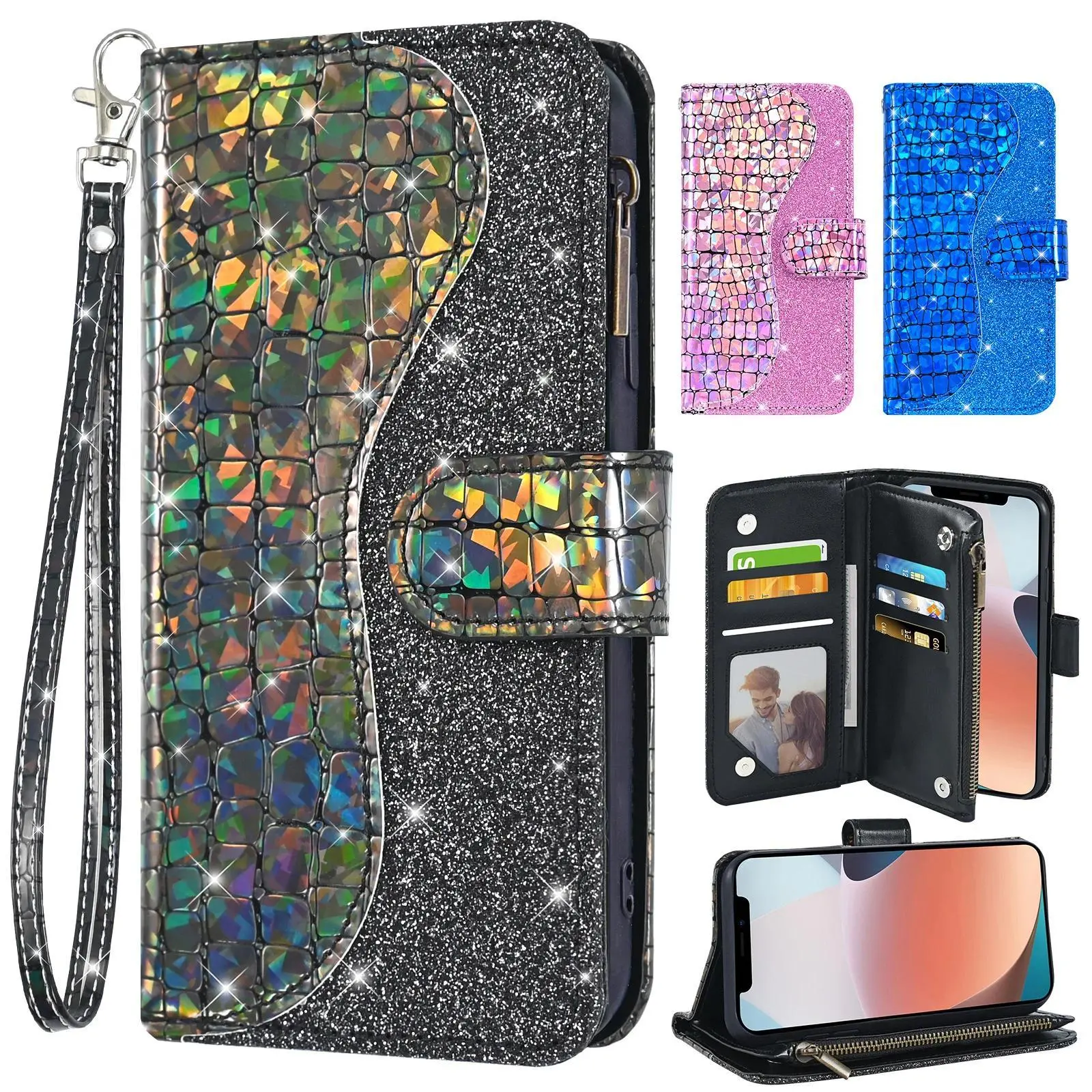Sequin Flash Flip Leather Zipper Pocket Wallet Phone Case For Apple IPhone13 12 Mini Pro Max Plus With 6 Credit Card Holder Slot
