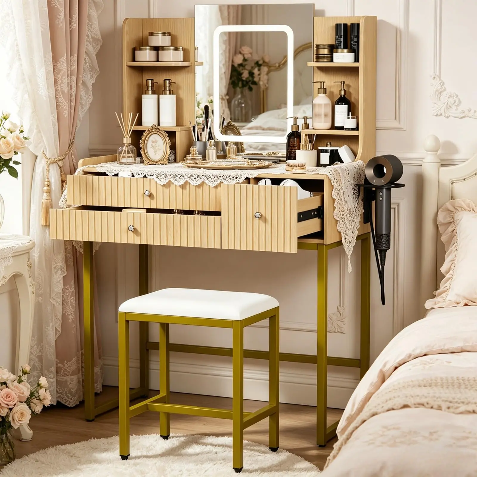 White Fluted Vanity Desk with LED Lighted Mirror & Power Outlet, 3 Drawers & 4 Shelves, Modern Space-Saving Dressing Table for Bedroom