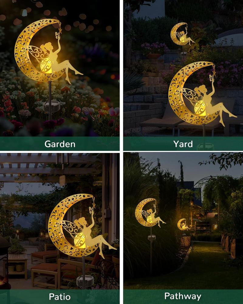 Solar Garden Statues Outdoor Decor Fairy Moon Figurine Light Stake, Housewarming Ornament for Patio, Lawn, Yard, Pathway, Unique Gift Ideas for Gardening Mom Grandma