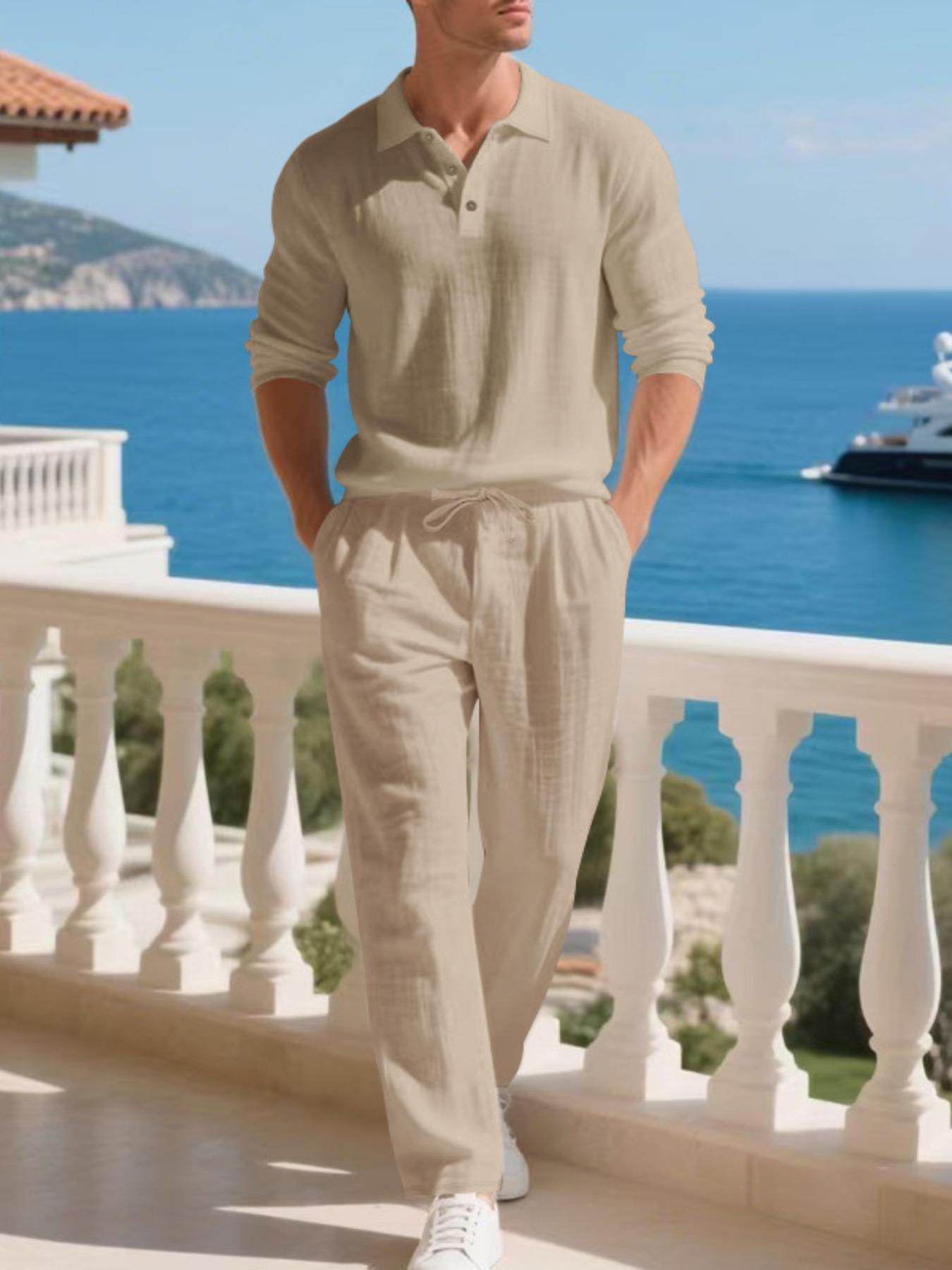 Men's Linen Shirt Set, Old Money Aesthetic Casual Elegant Comfortable Men's Clothing, Skin-Friendly Breathable Fabric for Beach Vacation Home Use