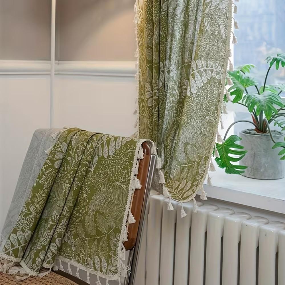 1pc Olive Plant Print Curtain, Cotton Linen Texture, Fringe Edge, Living Room Bedroom Balcony Floor-To-Ceiling Decorative Curtain