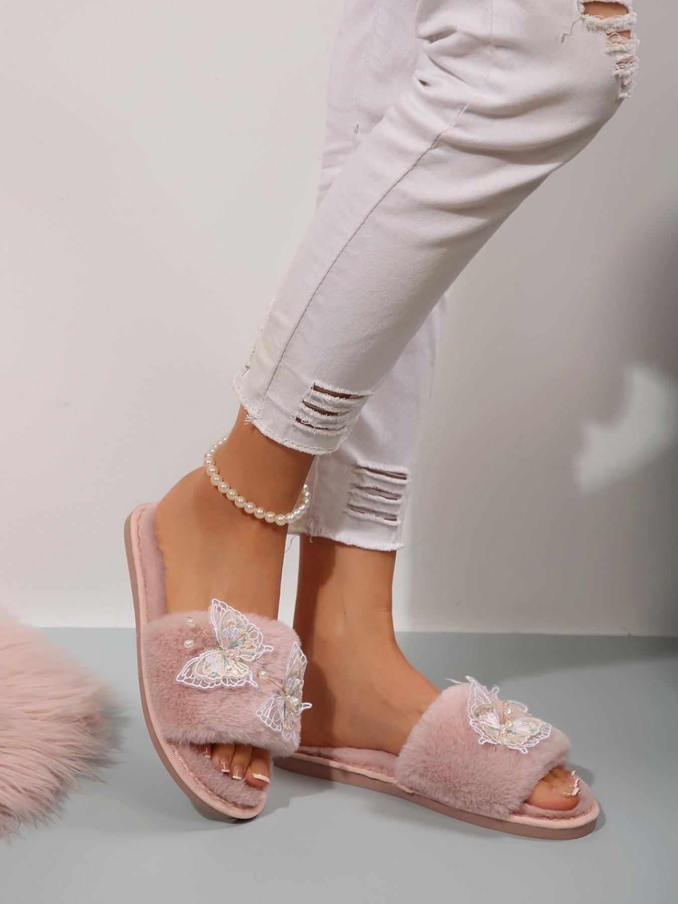 Fashion Soft Sole Comfortable Slippers, Butterfly Decoration, Indoor & Outdoor, Textile Upper, Casual Style, Multi-Functional Shoe