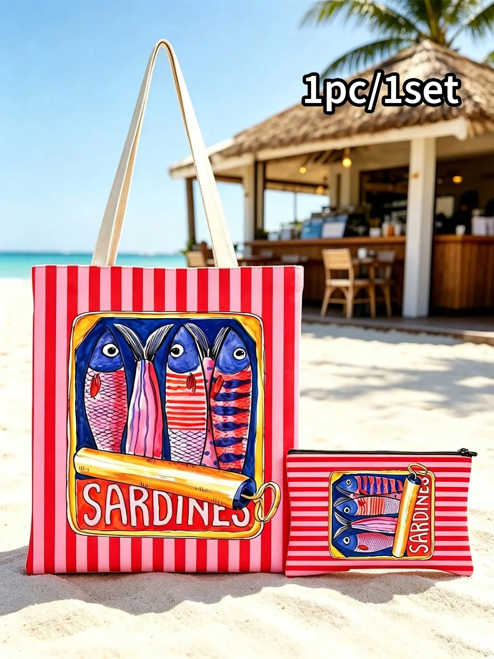1/2pcs Tote Bag & Makeup Bag, Retro Sardine Fish Pattern, Casual Handbag for Vacations, Travel, Commuting, Shopping, Gift