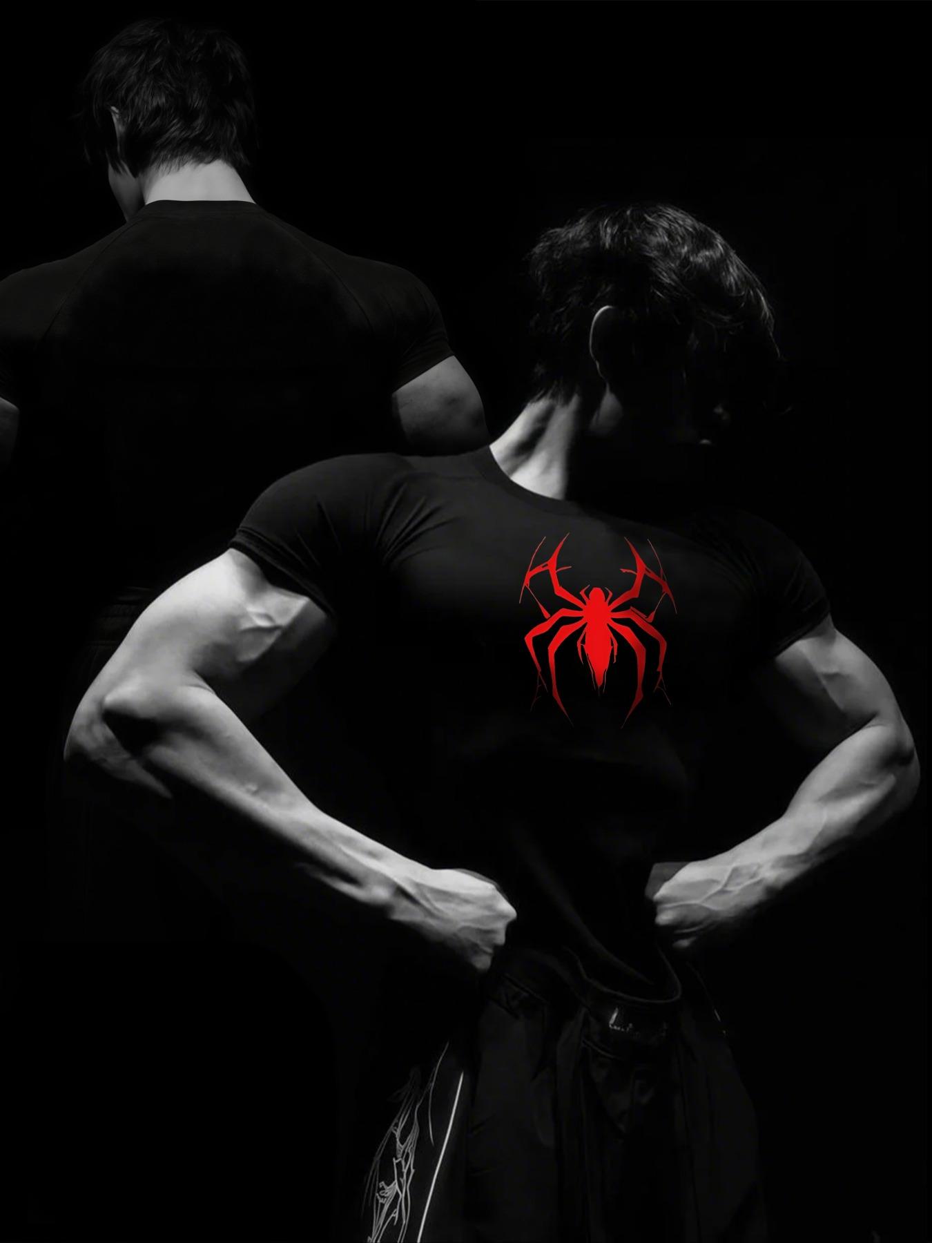 1-Pack Men's Quick Dry Compression T-Shirt with Spider Print, High Stretch Breathable Athletic Base Layer Tee, Moisture Wicking Performance Shirt for Gym, Fitness, Running, Daily Active Wear, Workout Clothes
