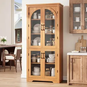 YJ-Garvee 31.50"W*15.6"D*70.1"H Kitchen Pantry Cabinet with 4 Arched Glass Doors and Adjustable Shelves, Versatile Cupboard Organizer for Kitchen, Dining Room, Living Room, Bathroom in Walnut, Natural, White, Black