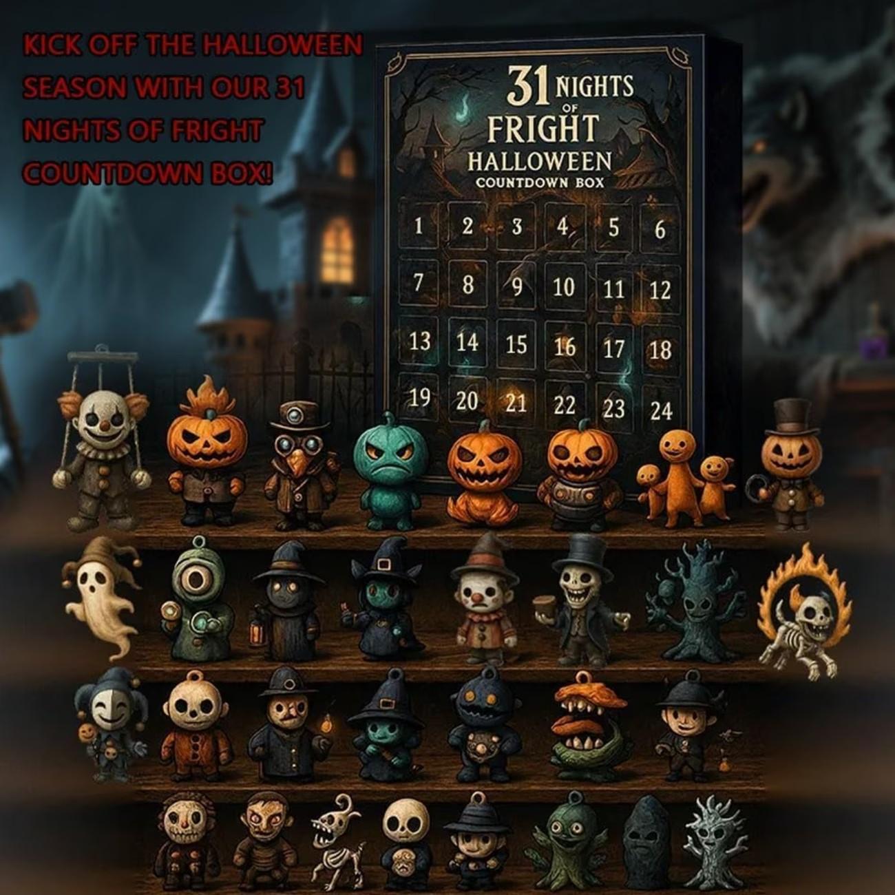 Halloween 31 Night Countdown Calendar Gift Box, 31 Collectible Horror Dolls, Daily Door Decor for Parties, Plastic Material, Spooky Holiday Decoration
