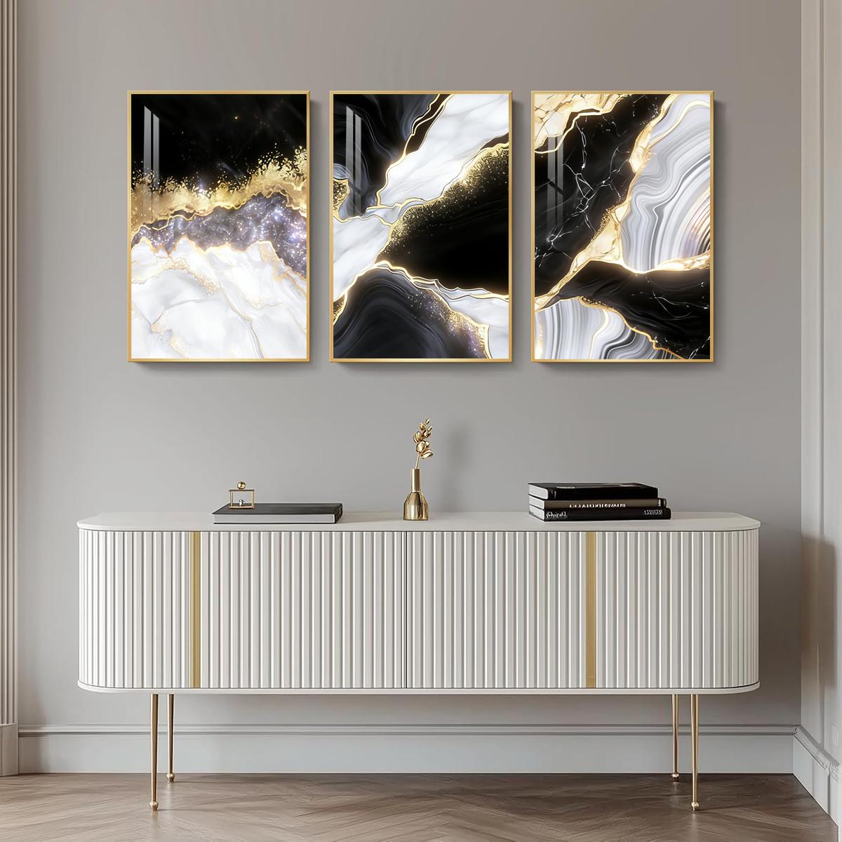 3 Counts Aluminum Alloy Framed Painting, Black White Gold Abstract Marble Art Pictures, Home Decoration For Living Room, Bedroom, Office, Restaurant, Hallway Wall Decor, Odorless Print Artwork, Luxury Perfect Gift For Friends And Family