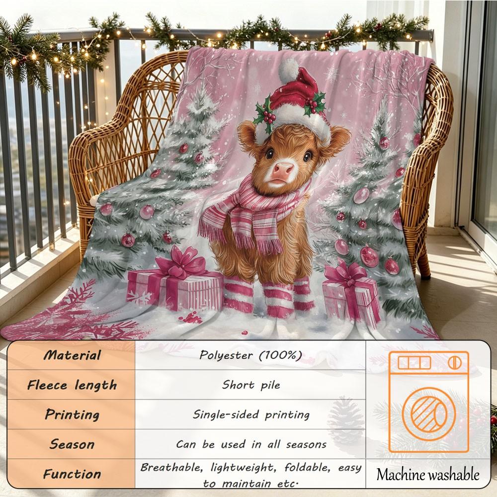 1 Pack Scarf Wearing Highland Cow Christmas Flannel Blanket, Soft Warm Throw for Couch, Car, Office, Camping X‑mas Gift