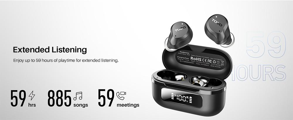 TOZO 2024NC9 Hybrid Active Noise Cancelling Wireless Earbuds ENC IPX8 Waterproof Bluetooth 5.3 Headphones Stereo Bass Heasets Headsets Audio headphones  audifonos traveling gadgets Electronic FathersDayGift Dark Black Microphone Charging