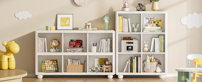 ONBRILL Wooden Bookcase with 6 Cube Storage, Kids Bookshelf with Sphere Foot, Sturdy Toy Storage Organizer, Safe Rounded Corners Bookcase for Living Room, Playroom, Nursery【BlackFridayDeal】