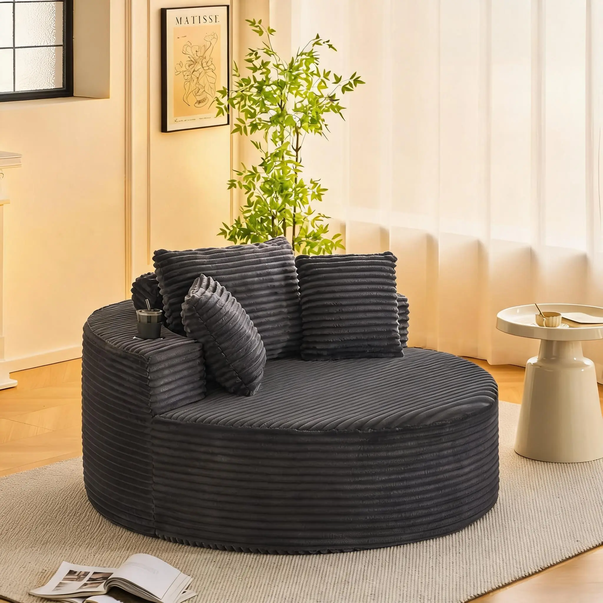 55" Oversized Round Chaise Lounge Chair, 35" Deep Seat Corduroy Cloud Couch with Cup Holders, No Assembly Circle Sleeper Sofa for Apartment