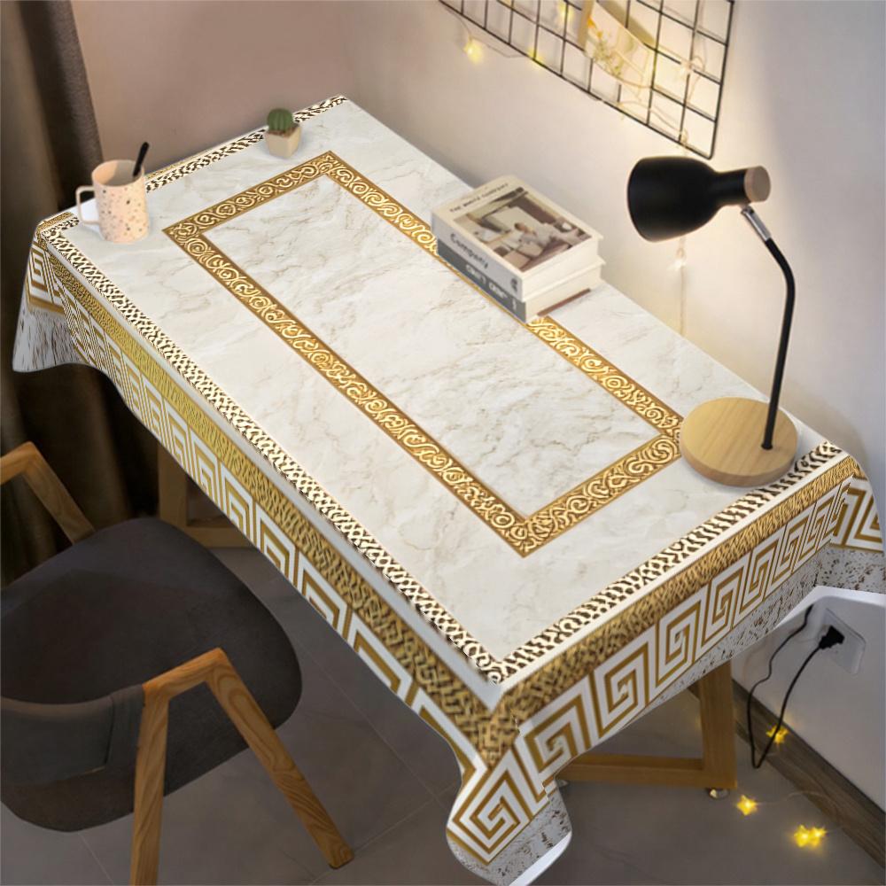 1PC square tablecloth, light luxury and minimalist geometric border pattern, paired with beige and gold, suitable for decoration in homes, restaurants, outdoor picnics and other occasions - Asian style dining table decoration, exquisite pattern design