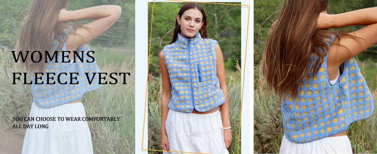 Molitree Checkered Sherpa Vest Fleece Jacket Lightweight Zip Up Sleeveless Crochet Plaid Gilet with Pocket Casual Blue