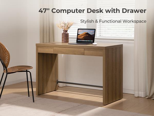 SICOTAS Computer Desk, 47-Inch Home Office Executive Desk with Drawer, Farmhouse Writing Study Desk with Storage, Boho Makeup Vanity Table for Bedroom Dormitory