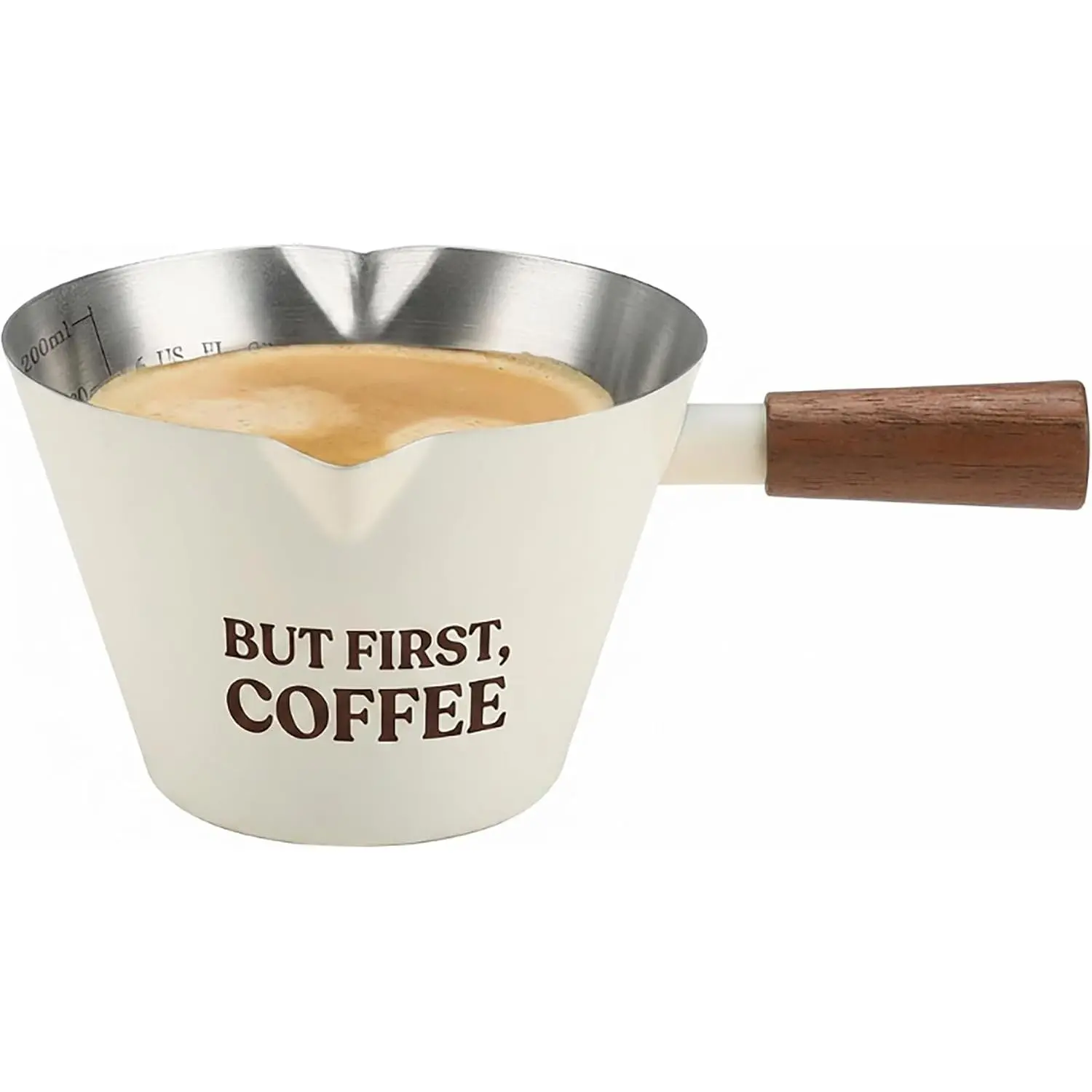 Espresso Measuring Cup with Handle,  6.8oz/200ML Stainless Steel Espresso Cups with Walnut  Handle & Double Spouts, Cream White Coffee Measuring Cup