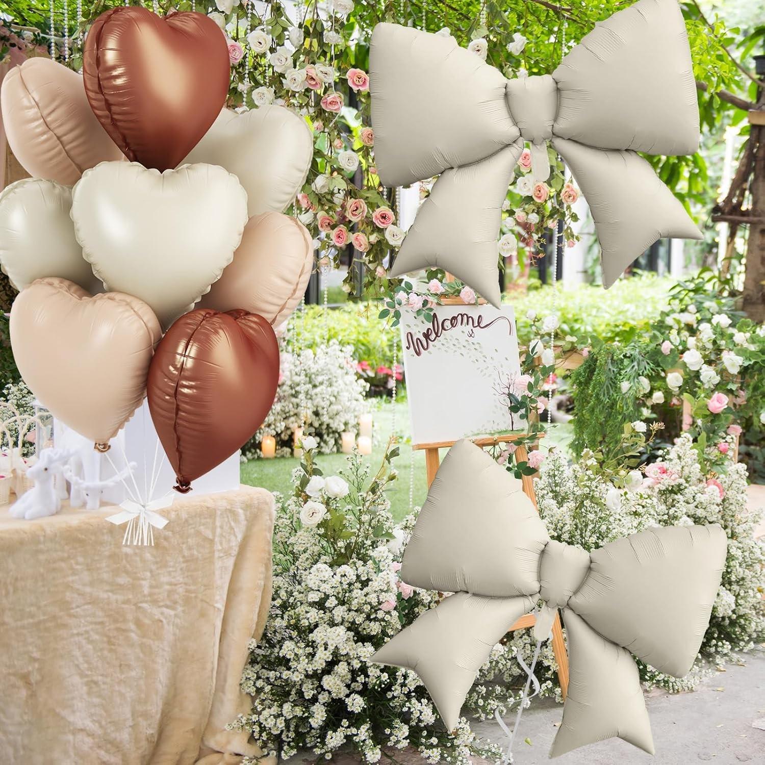 Brown cream heart-shaped balloons, foil bow balloons, 10 18 inch heart-shaped balloons and 2 38 inch bow balloons (with 2 accessories), used for birthday baby shower, Valentine's Day wedding party decoration