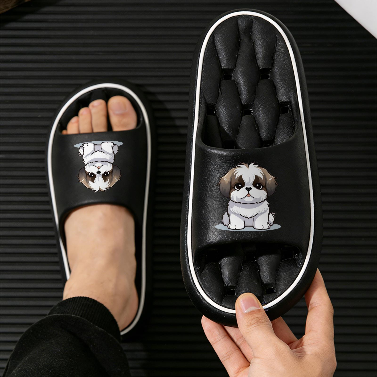 Cute Shih Tzu Print Quick-Dry Hollow Out Slide Slippers, Non-Slip Bathroom Shower Shoes, Soft Cushioned Home Sandals for Dog Lovers