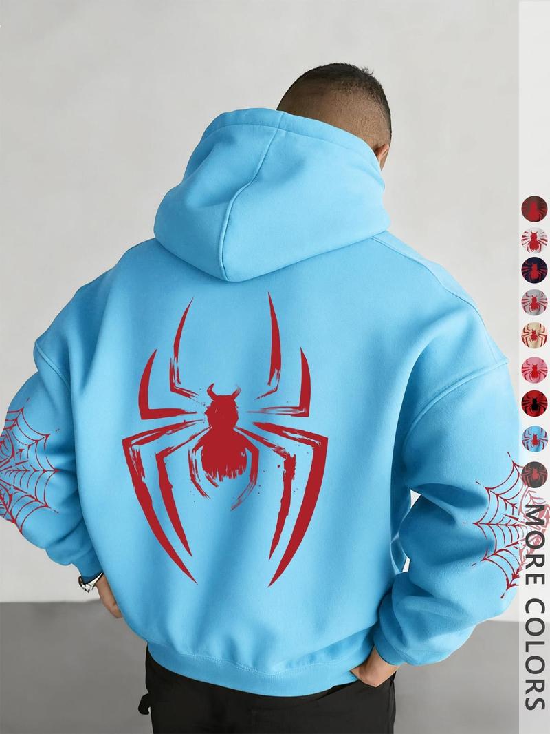 Unisex design, autumn and winter street style hooded sweatshirt with a spider pattern print, featuring cord fasteners and kangaroo pocket design. Perfect for everyday outings; comfortable fabric; stylish for the streets, versatile, trendy, suitable for ca