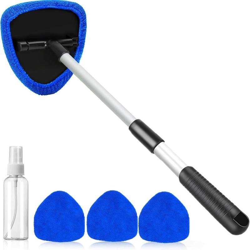 Windshield Cleaning Tool, Microfiber Car Window Cleaner with Extendable Handle, Includes 3 Reusable Washable Microfiber Pads