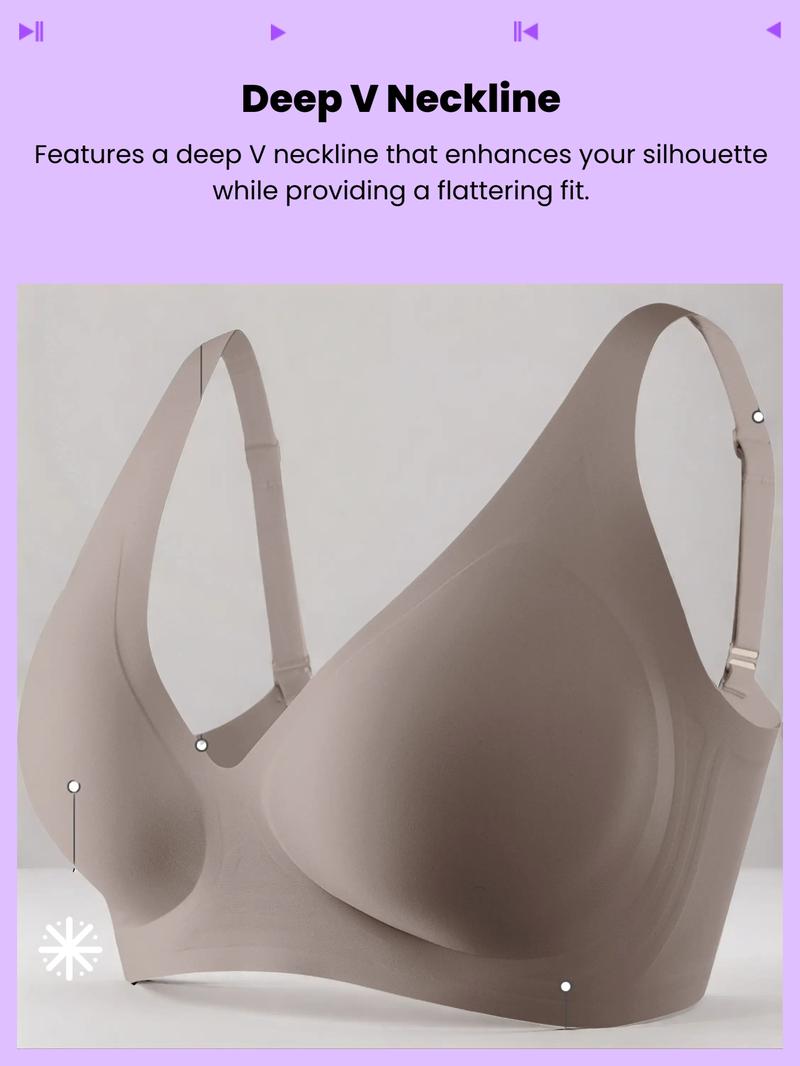 Women's Wireless Jelly Bra, Deep V Design, Medium Support, Three-Quarter Cup, Casual Fitted Lined Underwear, All Seasons