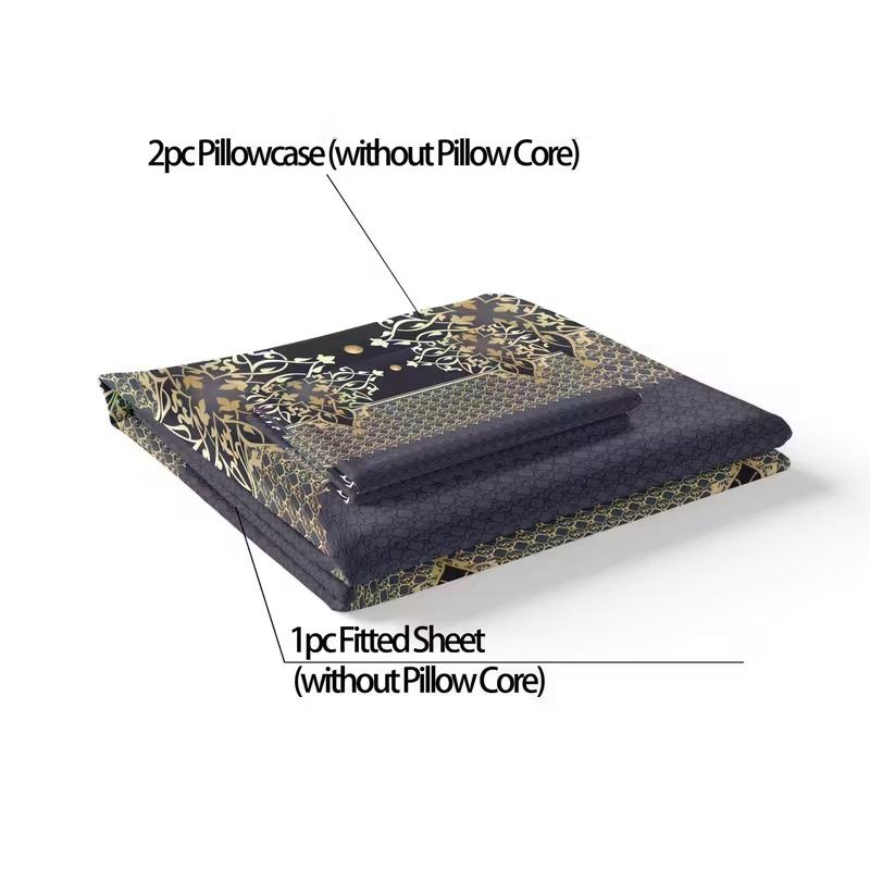 Deep -Blue Patterned Bedding Set, Elastic Edge Binding, High-Count Fabric Resistant to Wrinkles, Durable Washable Luxury Retro Style, Bedsheet Sets, Bed Sheets Set