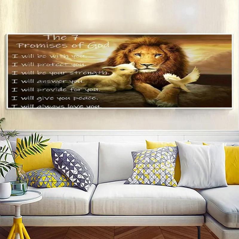 【2D flat】Lion, lamb, white bird, the seven great promises of God. A frameless minimalist canvas wall art, stylish themed decoration, suitable for sofa, dining room, living room, hallway, art mural decoration.