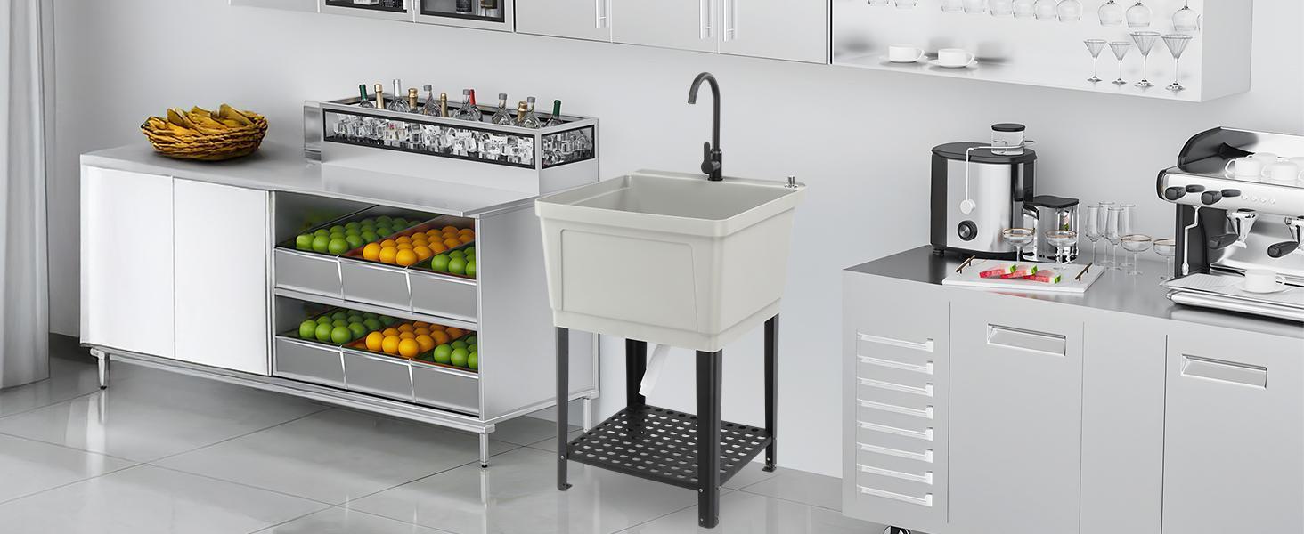 Industrial Grey Rectangular Freestanding Bathroom Utility Sink Laundry Tub - Stainless Steel Faucet, Waterproof Durable, Fully Assembled Indoor Wash Basin, 23.6"W×23.6"D×36.2"H 36.2" Tall Reach, Ideal for Households, Manufacturer Warranty