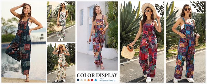 YeeZaa Women's Patchwork Double Pocket Jumpsuit Loose Floral Print Bohemian Wide Leg Bib Womenswear Button