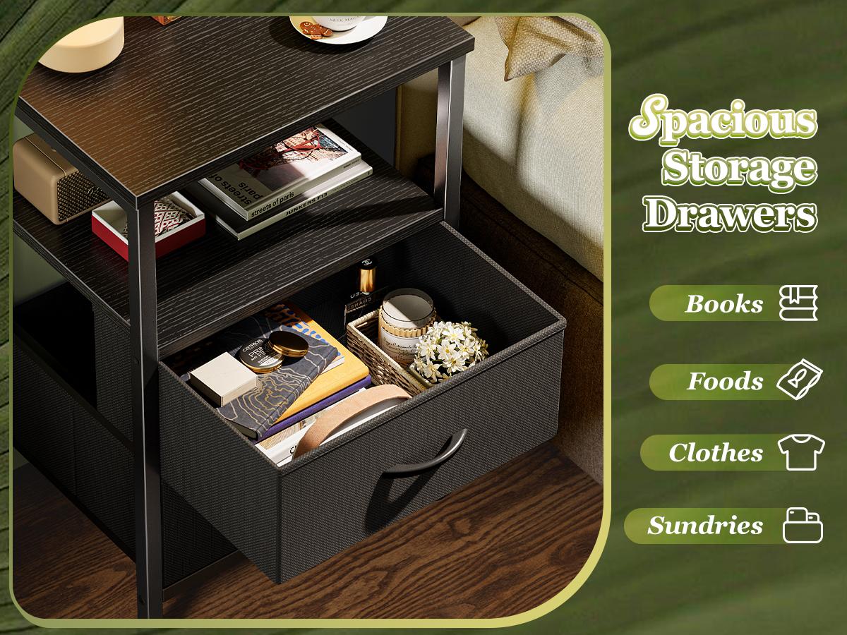Huuger Night Stand with 2 Drawers, Bed Side Table with Open Shelf, Wooden Top, End Table for Small Space, Bedroom, Fabric Drawer Huuger Night Stand with 2 Drawers, Bed Side Table with Open Shelf, Wooden Top, End Table for Small Space, Bedroom, Fabric Drawer